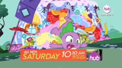 Size: 1110x619 | Tagged: safe, screencap, spike, dragon, inspiration manifestation, carousel boutique, clothes, explosion, hub logo, official, promo, the hub