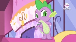 Size: 1106x622 | Tagged: safe, screencap, spike, dragon, inspiration manifestation, carousel boutique, hub logo, magic, official, promo, solo, the hub