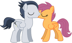 Size: 1383x836 | Tagged: safe, artist:dreamcasterpegasus, rumble, scootaloo, female, kissing, male, older, rumbloo, shipping, straight