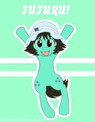 Size: 543x700 | Tagged: safe, artist:cream-pan, earth pony, pony, crossover, green eyes, hat, mayuri shiin, ponified, simple background, smiling, solo, standing, steins;gate