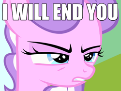 Size: 600x450 | Tagged: safe, diamond tiara, pinkie pride, angry, caption, death threat, image macro, reaction image, solo, threat