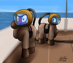 Size: 1280x1113 | Tagged: safe, artist:the-furry-railfan, oc, oc only, oc:night strike, oc:static charge, fallout equestria: empty quiver, blushing, boat, diving suit, hose, ocean, scrunchy face, scuba