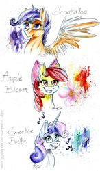 Size: 583x1000 | Tagged: safe, artist:donika-schovina, apple bloom, scootaloo, sweetie belle, cutie mark crusaders, feather, flower, music notes, traditional art