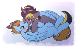 Size: 2950x1840 | Tagged: safe, artist:sugaryviolet, oc, oc only, oc:gliding, oc:truenugget, pegasus, pony, blushing, collar, cuddling, cute, gay, hat, heartwarming, hug, kissing, love, male, oc x oc, pet, relationship, shipping, snuggling, submission, valentine, valentine's day