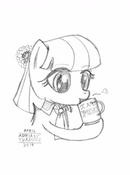 Size: 3302x4466 | Tagged: safe, artist:boxedsurprise, coco pommel, coffee, monochrome, sketch, solo