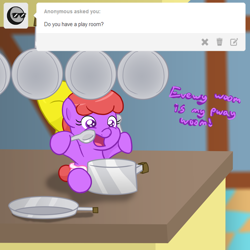 Size: 1280x1280 | Tagged: safe, artist:tapeysides, oc, oc only, oc:itty bit, pony, :d, baby, baby pony, diaper, foal, kitchen, pans, pots, solo, spoon, tumblr
