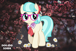 Size: 1042x694 | Tagged: safe, artist:doneddzorua, coco pommel, ambient, flower, glasses, hipster, nature, rose, solo, triangle