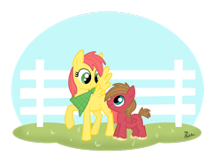 Size: 800x565 | Tagged: safe, artist:thephoebster, oc, oc only, oc:bismarck, oc:suncrisp, brother and sister, female, male, offspring, parent:big macintosh, parent:fluttershy, parents:fluttermac, siblings