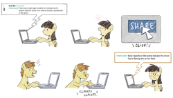 Size: 1280x725 | Tagged: safe, artist:sibsy, wild fire, oc, oc:mandopony, blushing, comic, computer, cute, female, laptop computer, laughing, male, mandofire, message, road rage, shipping, straight, tumblr