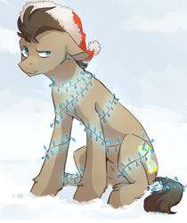 Size: 672x800 | Tagged: safe, artist:risu-nya, doctor whooves, christmas lights, hat, santa hat, snow, solo