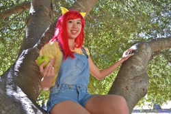 Size: 960x640 | Tagged: safe, artist:jijitrinh, apple bloom, human, apple, cosplay, irl, irl human, overalls, photo, solo, tree