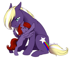 Size: 700x592 | Tagged: safe, artist:shinepawpony, oc, oc only, earth pony, pegasus, pony, crying, father and child, father and daughter, female, filly, hug, male, mare, parent and child, stallion