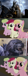 Size: 490x1305 | Tagged: safe, daisy, flower wishes, lily, lily valley, roseluck, kaiju, exploitable meme, flower trio, godzilla, godzilla (1998), godzilla (monsterverse), godzilla (series), godzilla (tristar), godzilla 1998, godzilla 2014, meme, reaction guys