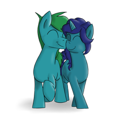 Size: 2000x2000 | Tagged: safe, artist:timsplosion, oc, oc only, oc:segite bulmer, earth pony, pony, unicorn, eyes closed, female, male, nuzzling, simple background, straight, transparent background