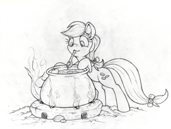 Size: 1057x800 | Tagged: safe, artist:dfectivedvice, apple fritter, apple family member, cauldron, cooking, grayscale, monochrome, sketch, traditional art