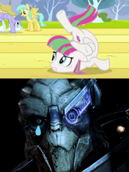 Size: 600x800 | Tagged: safe, derpibooru import, blossomforth, flexible, garrus vakarian, mass effect