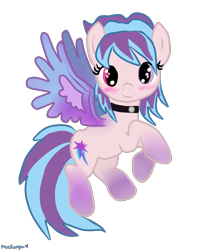 Size: 2292x2820 | Tagged: safe, artist:moekonya, oc, oc only, oc:shiny dawn, blushing, choker, colored wings, flying, gradient hooves, gradient wings, heterochromia, looking at you, simple background, smiling, solo, spread wings, transparent background