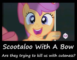 Size: 1013x788 | Tagged: safe, edit, screencap, scootaloo, pegasus, pony, somepony to watch over me, apple bloom's bow, bow, cute, cutealoo, female, filly, hub logo, meme, open mouth, raised hoof, scootabow, solo