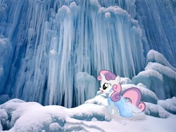 Size: 1600x1200 | Tagged: safe, artist:kysss90, artist:tokkazutara1164, sweetie belle, cliff, clothes, cosplay, disney, dress, earring, elsa, frozen (movie), icicle, irl, photo, ponies in real life, snow, solo, vector
