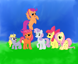 Size: 900x743 | Tagged: safe, artist:fonypan, apple bloom, babs seed, dinky hooves, scootaloo, sweetie belle, oc, oc:spring berry, ms paint, next six