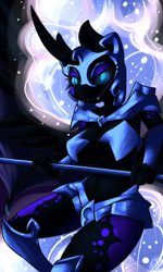 Size: 900x1500 | Tagged: safe, artist:ogaraorcynder, nightmare moon, anthro, armor, armpits, belly button, both cutie marks, solo, unconvincing armor