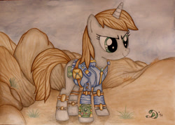 Size: 1024x728 | Tagged: safe, artist:diamondwolfart, oc, oc only, oc:littlepip, pony, unicorn, fallout equestria, clothes, cloud, cloudy, cutie mark, fanfic, fanfic art, female, hooves, horn, mare, pipbuck, saddle bag, smiling, solo, traditional art, vault suit, wasteland