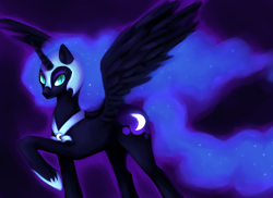 Size: 5300x3867 | Tagged: safe, artist:nomyriad, nightmare moon, alicorn, pony, ethereal mane, helmet, horn, jewelry, looking at you, regalia, smiling, solo, spread wings, wings