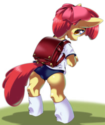 Size: 800x954 | Tagged: safe, artist:oze, apple bloom, pony, semi-anthro, bipedal, blushing, clothes, schoolgirl, socks, solo