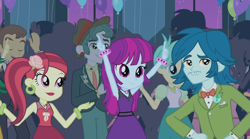 Size: 1366x762 | Tagged: safe, screencap, captain planet, mystery mint, rose heart, scott green, sweet leaf, teddy t. touchdown, tennis match, equestria girls, rainbow rocks, shake your tail, background human, cute, dancing, fall formal outfits, female, happy, male, mysterybetes, offscreen character