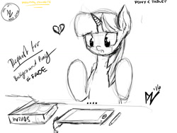 Size: 1024x768 | Tagged: safe, artist:aer0 zer0, twilight sparkle, pony, unicorn, aer0 zer0's request collection, funny, horse problems, horse restrictions, lineart, monochrome, request, requested art, solo, tablet