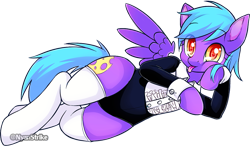 Size: 1103x648 | Tagged: safe, artist:nyanstrike, oc, oc only, oc:ishizko, pegasus, pony, cheese, clothes, cute, socks, solo, tongue out, tuxedo