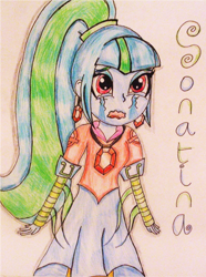 Size: 1024x1373 | Tagged: safe, artist:blazingdazzlingdusk, sonata dusk, equestria girls, rainbow rocks, crying, drawing, sad, solo, sonatina, traditional art, younger