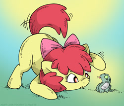 Size: 1000x858 | Tagged: safe, artist:kaemantis, apple bloom, earth pony, frog, pony, adorabloom, behaving like a cat, blank flank, cute, kaemantis is trying to murder us, tail wag, tongue out