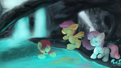 Size: 3840x2160 | Tagged: safe, artist:fuzzyfox11, apple bloom, scootaloo, sweetie belle, bathing, cave, caves, cutie mark crusaders, lake, spelunking, swimming, water