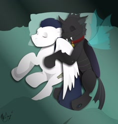 Size: 2286x2409 | Tagged: safe, artist:ironhooves, oc, oc only, oc:kuno, oc:warden, changeling, pegasus, pony, fanfic:an affliction of the heart, bed, bell, bell collar, changeling oc, collar, cuddling, sleeping, snuggling, warden