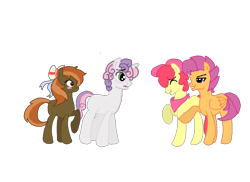 Size: 2338x1700 | Tagged: safe, artist:1231redflame, apple bloom, applebuck, button mash, joystick (r63), scootaloo, scooteroll, silver bell, sweetie belle, bandana, bit mash, blushing, cutie mark crusaders, female, male, rule 63, shipping, straight, sweetiemash