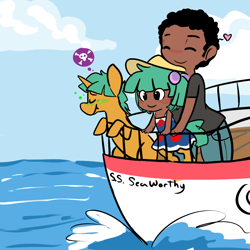 Size: 1000x1000 | Tagged: safe, artist:mt, snails, oc, oc:femanon, oc:mudpie, human, satyr, boat, offspring, parent:snails, sea sickness