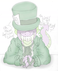 Size: 1661x2021 | Tagged: safe, artist:blackbewhite2k7, spike, dragon, arkham knight, batman, crossover, hat, jervis tetch, mad hatter, parody, season of infamy, sketch, solo, teeth, top hat, wip