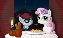 Size: 1266x768 | Tagged: safe, artist:simeonleonard, pipsqueak, sweetie belle, female, imminent kissing, lady and the tramp, male, pipsqueak eating spaghetti, shipping, spaghetti, spaghetti scene, straight, sweetiesqueak