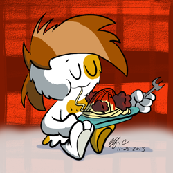 Size: 900x900 | Tagged: safe, artist:spongefox, pipsqueak, crossover, pipsqueak eating spaghetti, solo, spaghetti, species swap, wander, wander over yonder