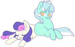 Size: 432x269 | Tagged: safe, artist:flower-power-love, bon bon, lyra heartstrings, sweetie drops, pony, unicorn, cutie mark, duo, eyes closed, female, horn, lesbian, lying down, lyrabon, shipping, simple background, sleeping, smiling