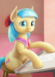 Size: 1400x1981 | Tagged: safe, artist:dahtamnay, coco pommel, earth pony, pony, drawing, female, mare, pencil drawing, sitting, smiling, solo, traditional art