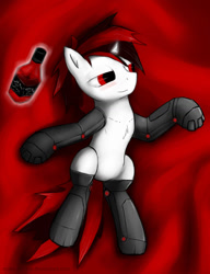 Size: 978x1275 | Tagged: safe, artist:makc-hunter, oc, oc only, oc:blackjack, cyborg, pony, unicorn, fallout equestria, fallout equestria: project horizons, alcohol, blushing, bottle, chest fluff, fanfic, fanfic art, female, glowing horn, hooves, horn, levitation, lying down, magic, mare, on back, solo, telekinesis, whiskey