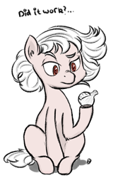 Size: 625x934 | Tagged: safe, artist:hipsanon, oc, oc only, oc:ruby rouge, earth pony, pony, bleach, child, color, colt quest, curious, dye, dyed coat, dyed hair, dyed mane, female, filly, foal, glass, potion, question, white mane