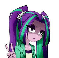 Size: 1320x1300 | Tagged: safe, artist:nekojackun, aria blaze, equestria girls, eye clipping through hair, peace sign, simple background, solo, white background