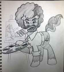 Size: 842x949 | Tagged: safe, artist:hotdog, bob ross, monochrome, ponified, solo, traditional art