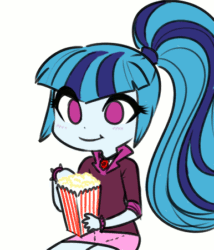 Size: 386x450 | Tagged: safe, artist:rileyav, sonata dusk, equestria girls, :t, animated, blushing, colored, cute, dis gon b gud, eating, female, food, open mouth, popcorn, simple background, sitting, smiling, solo, sonatabetes, white background