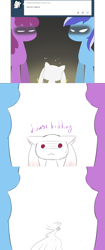 Size: 630x1498 | Tagged: safe, artist:askrubypinch, berry punch, berryshine, minuette, alien, earth pony, incubator (species), pony, drunk, embarrassed, kyubey, meduka meguca, puella magi madoka magica, red eyes, running