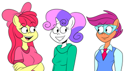 Size: 1920x1080 | Tagged: safe, artist:scobionicle99, apple bloom, scootaloo, sweetie belle, anthro, crime fighting crusaders, cutie mark crusaders, goggles, necktie, older, sweater vest