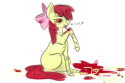 Size: 1800x1200 | Tagged: safe, artist:cicirose97, apple bloom, somepony to watch over me, :p, behaving like a cat, horses doing horse things, licking, mlem, raised hoof, scene interpretation, silly, sitting, solo, spaghetti, tongue out